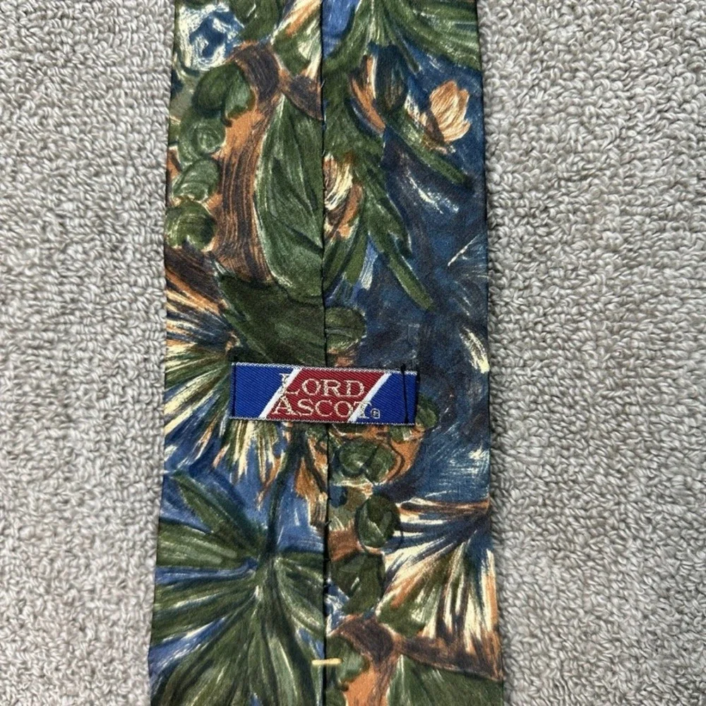 Lord Ascot Mens Silk Tie Tropical Botanical Leaf Print Blue Green Made in USA
